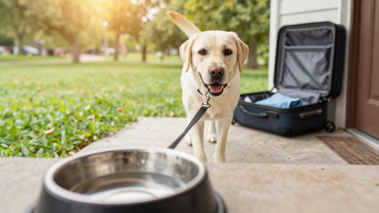 Labrador on pre-flight walk with limited water bowl nearby