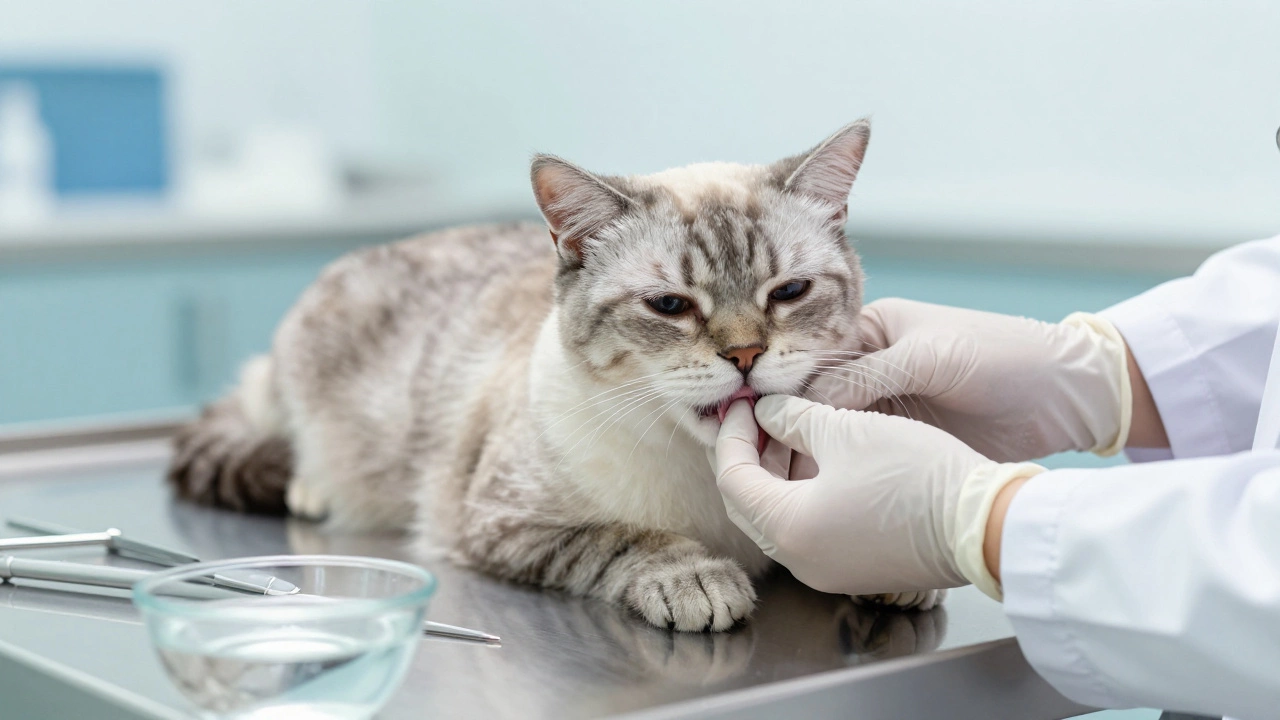 Lethargic sick cat being examined by vet