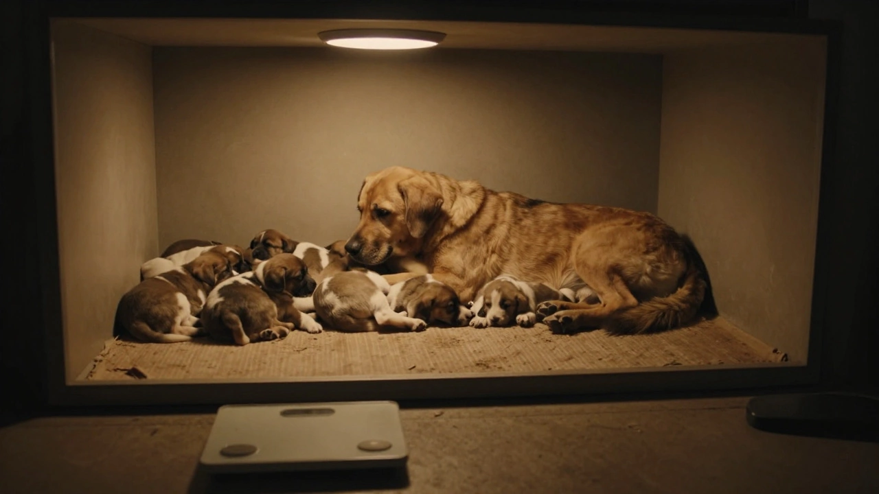Mother dog resting with puppies under a heat lamp in a quiet room