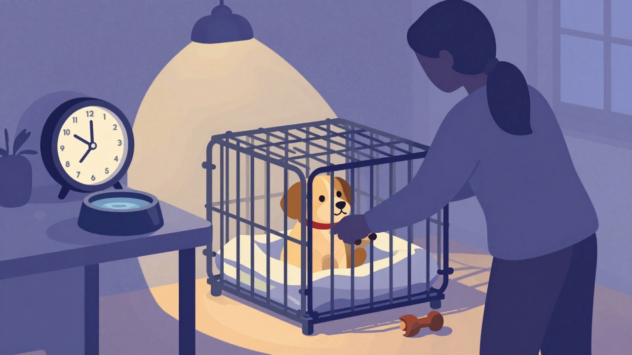 Owner putting puppy in crate at bedtime