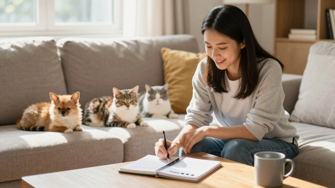 Pet sitter relaxing with cats and a dog in a cozy living room