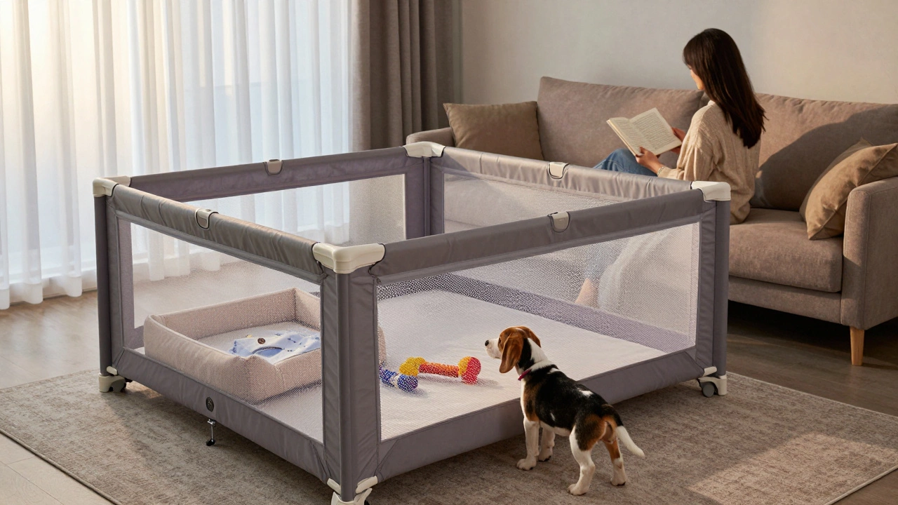 Puppy in a playpen near an owner in a cozy living room