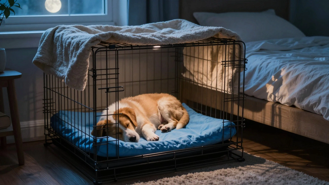 Puppy sleeping peacefully in a covered crate next to a bed in a moonlit room.