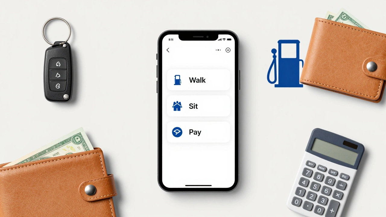 Smartphone with pet app surrounded by keys, cash, and calculator