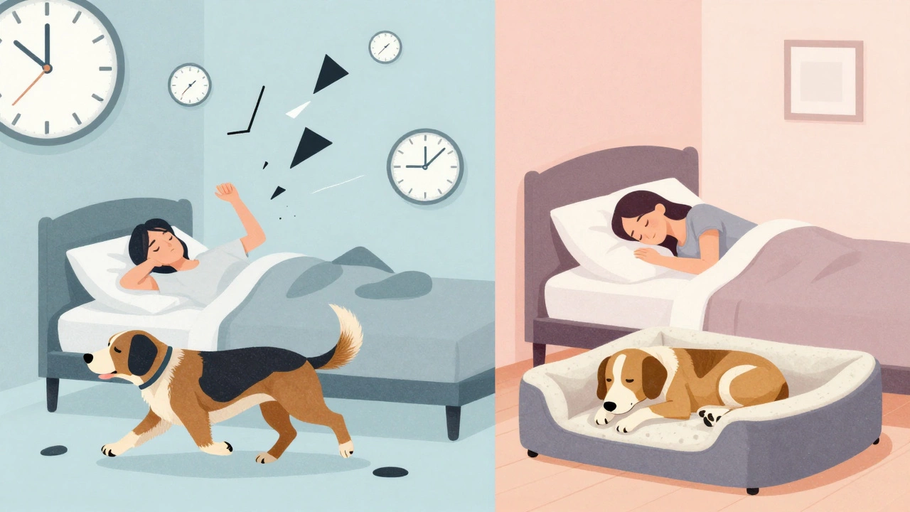 Split image showing disrupted sleep vs peaceful rest with separate dog bed