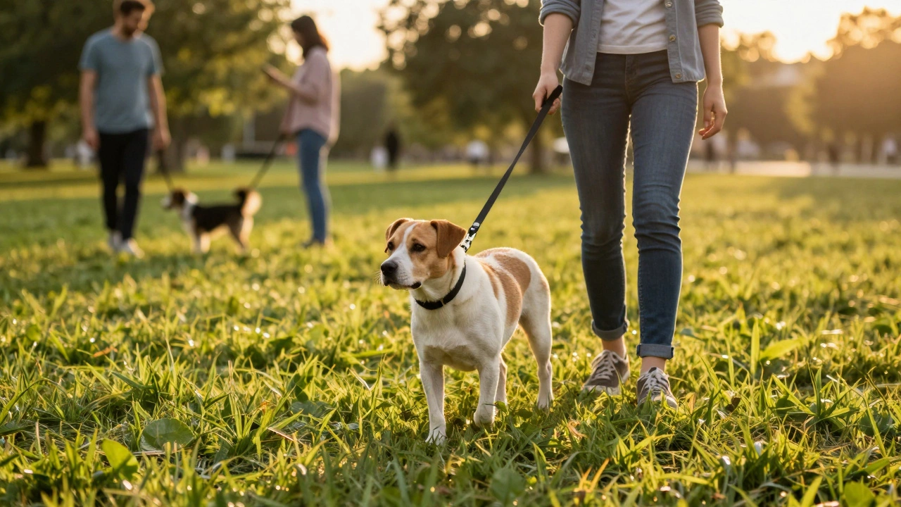 Adult dog walking calmly on a leash in a park with its owner