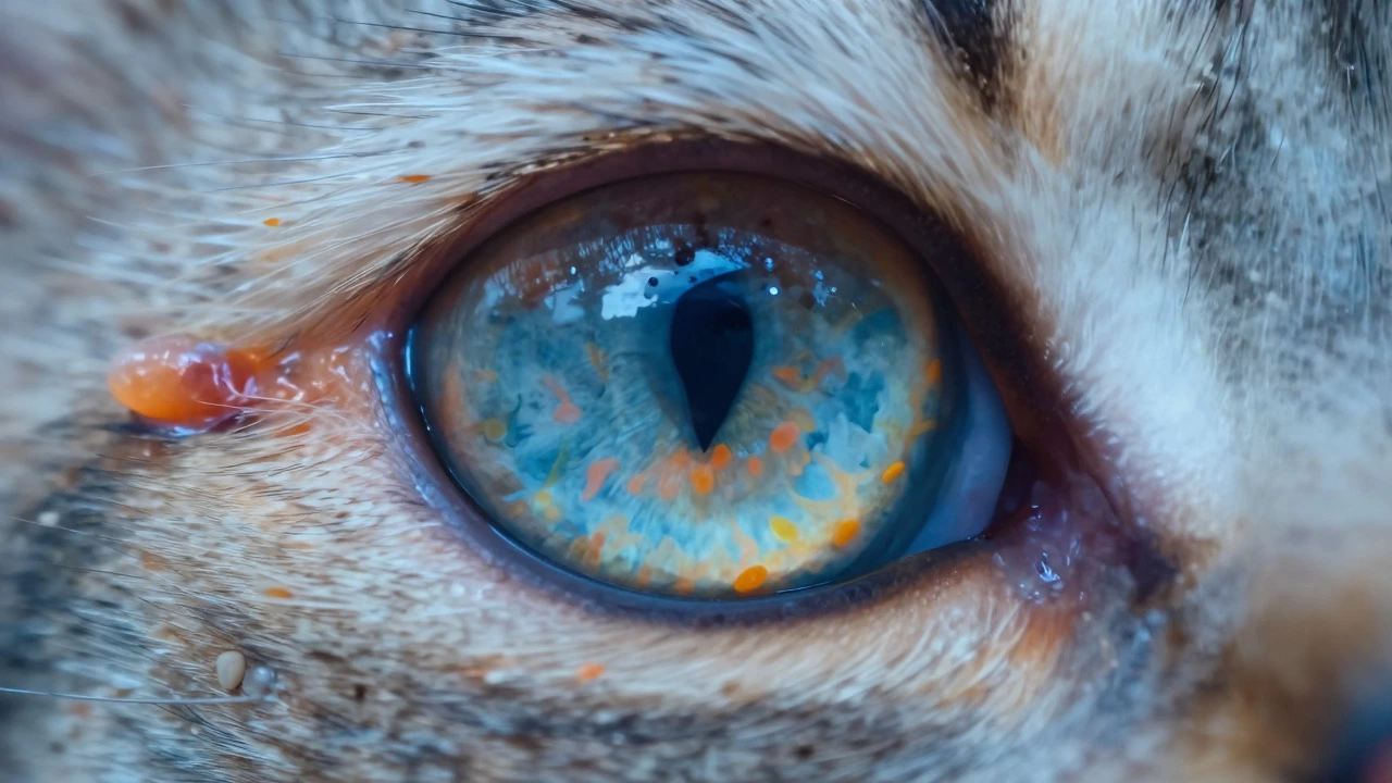 Close-up of cat eye reflecting fresh meat ingredients
