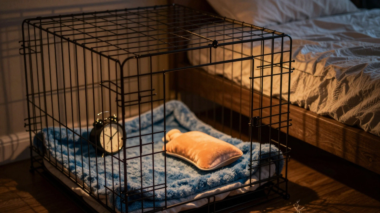 Comfortable dog crate setup next to a bed at night