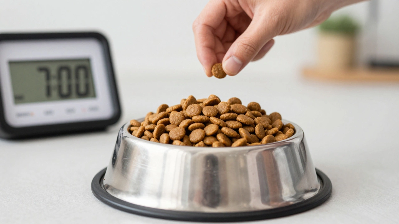 Dog food bowl next to a clock symbolizing scheduled meals