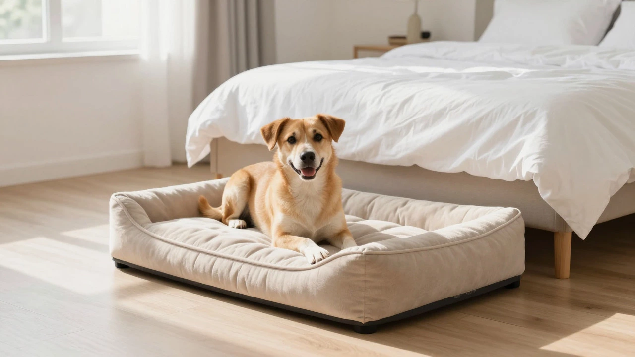Happy dog resting on its own bed next to the human bed in a bright room