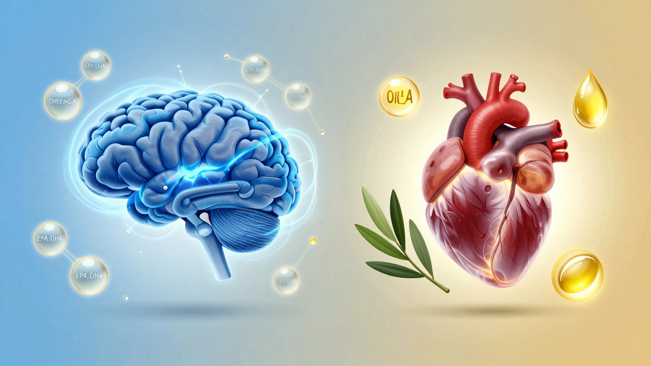 Illustration comparing brain and joint benefits of fish oil vs heart and skin benefits of olive oil