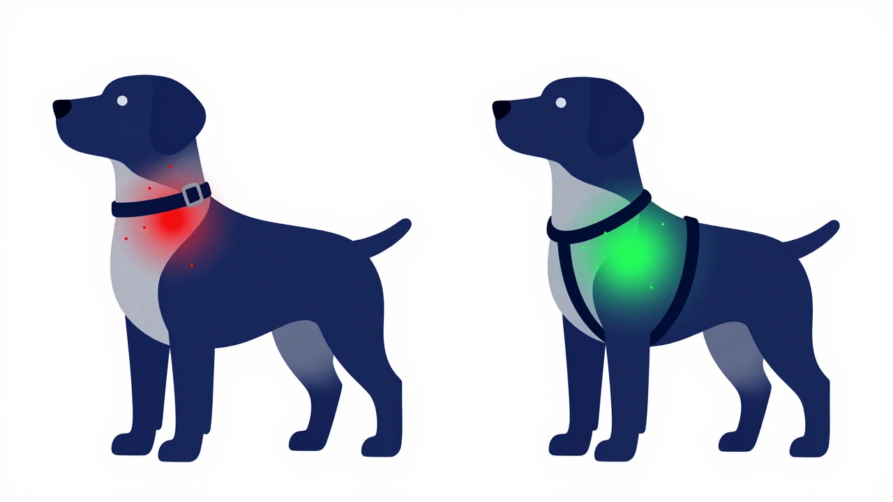 Illustration comparing neck pressure of collars vs chest harnesses
