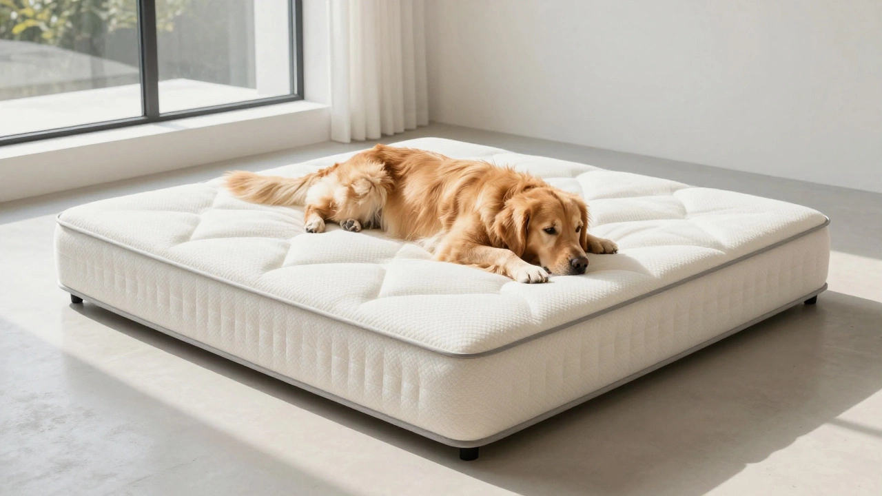 Large dog stretching out on a rectangular orthopedic mattress