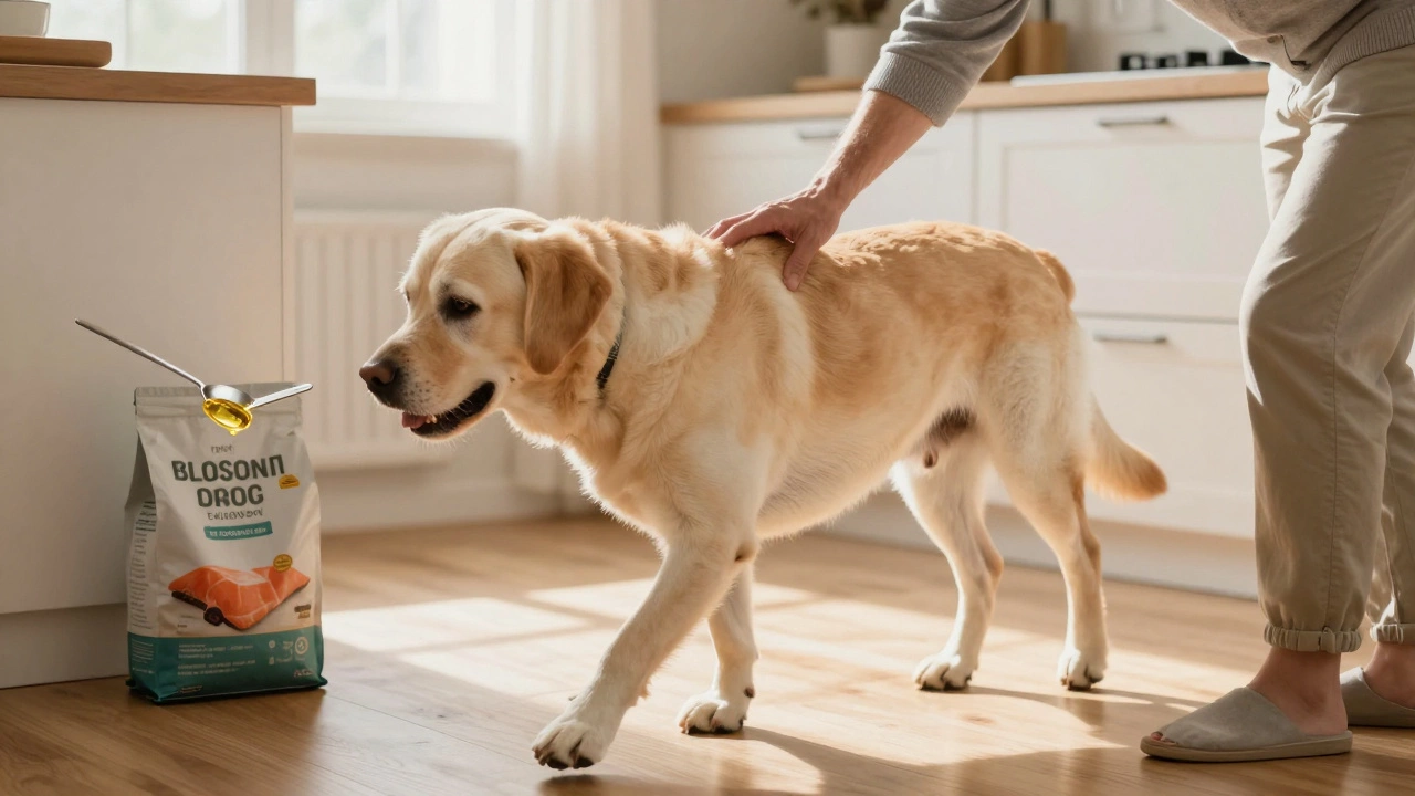 Older dog moving easily with owner applying salmon oil supplement