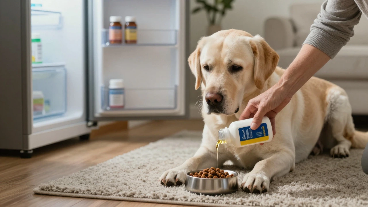 Owner adding oil supplement to senior dog's food bowl in a cozy home setting