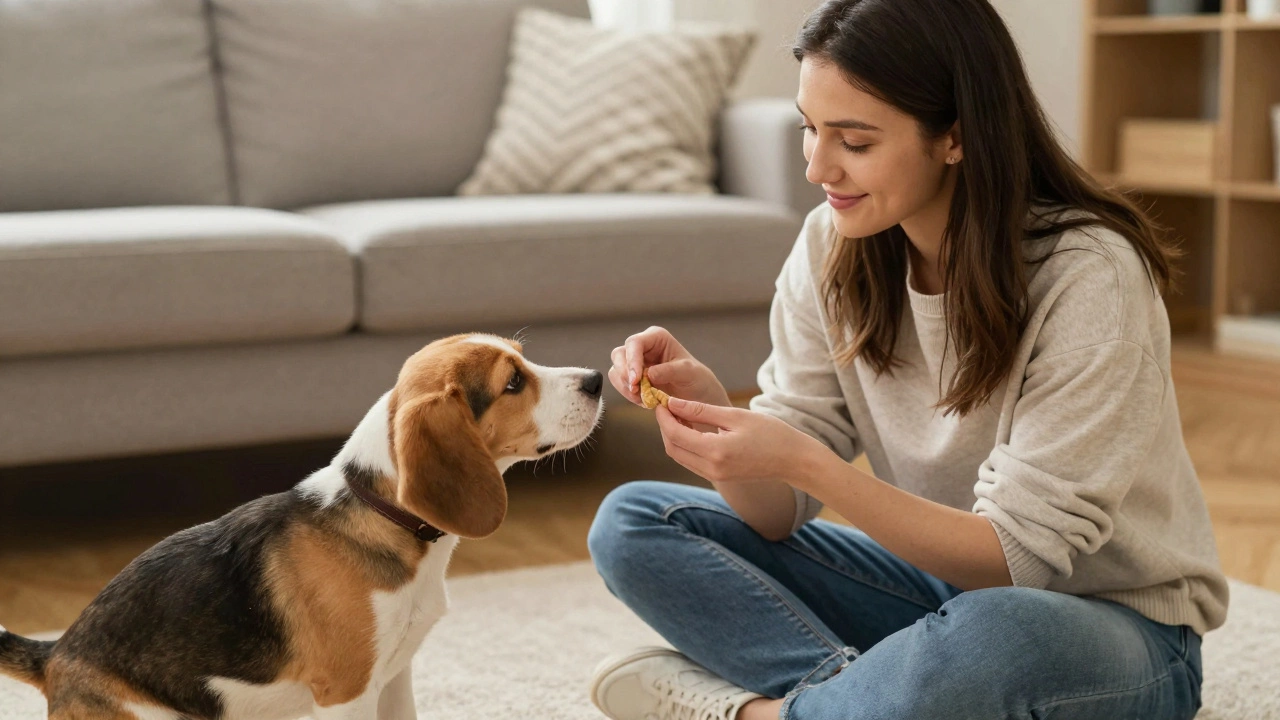 Owner rewarding a puppy with a treat for calm behavior