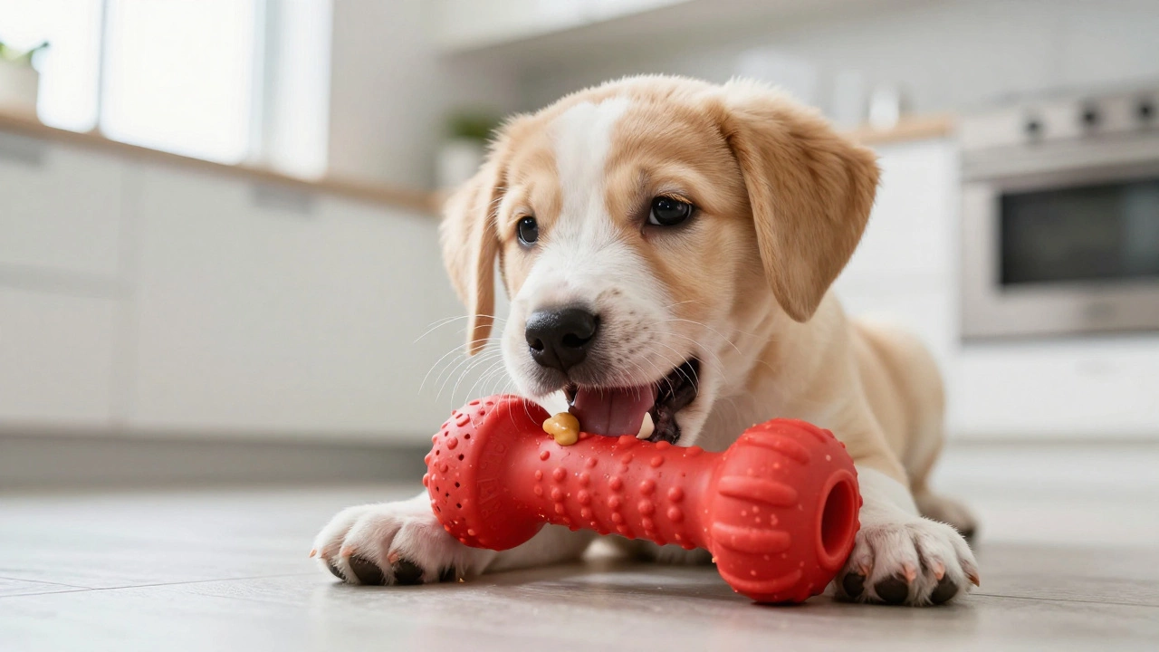Puppy chewing a durable rubber toy, showing adult teeth and calm behavior