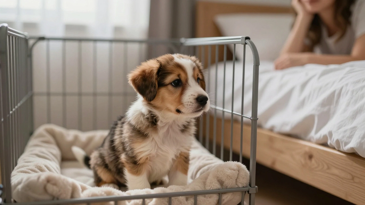 Puppy resting in a crate next to a bed in a moonlit bedroom