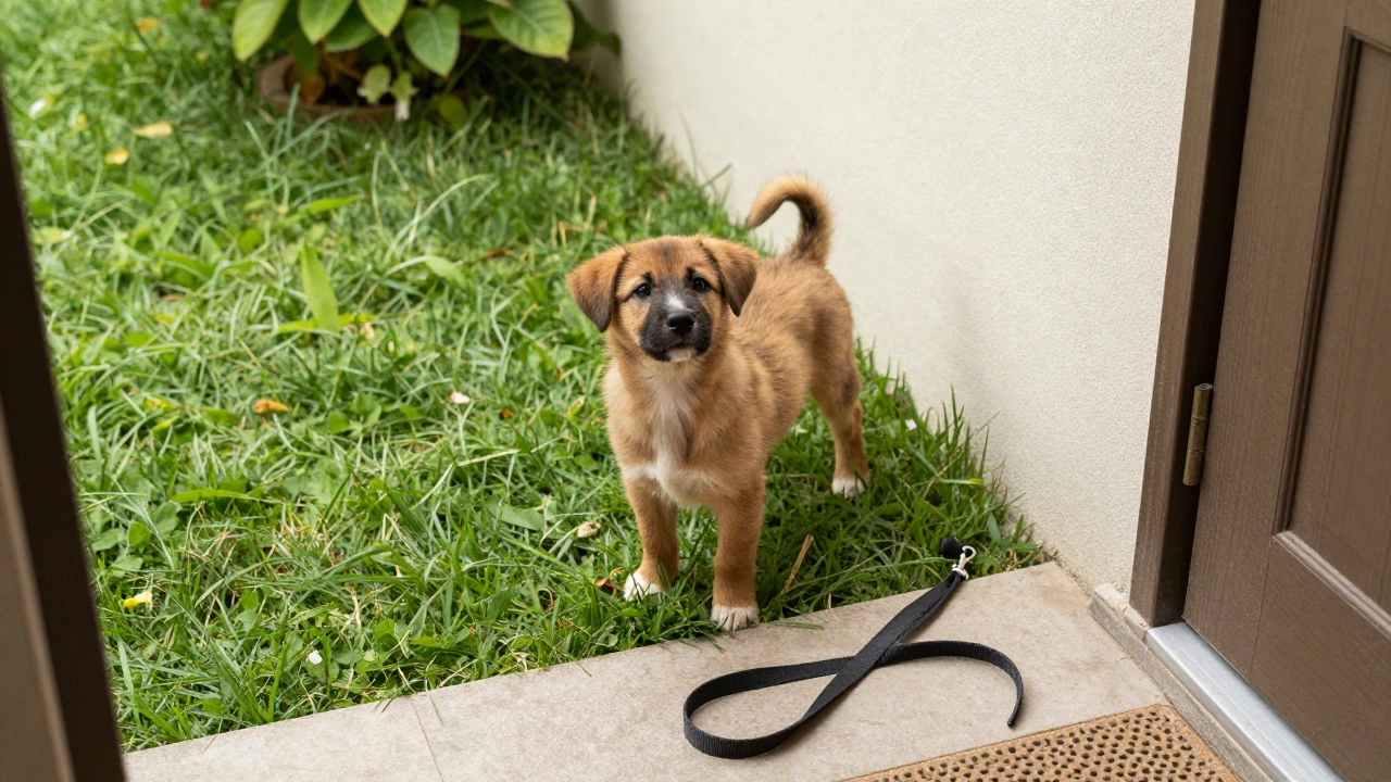 Puppy waiting outside on grass for potty break