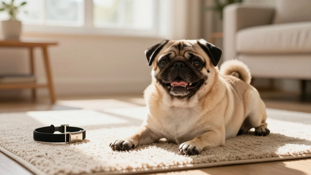 Relaxed pug sleeping indoors with a collar removed nearby