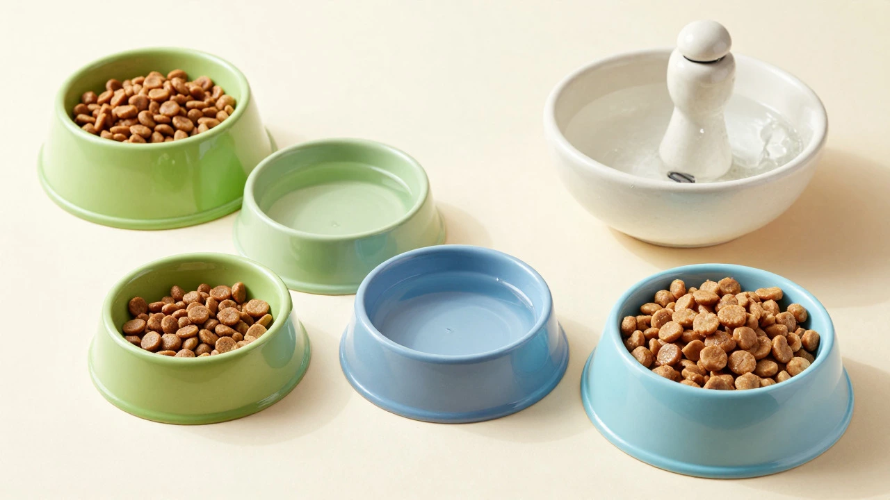 Row of bowls showing gradual cat food transition