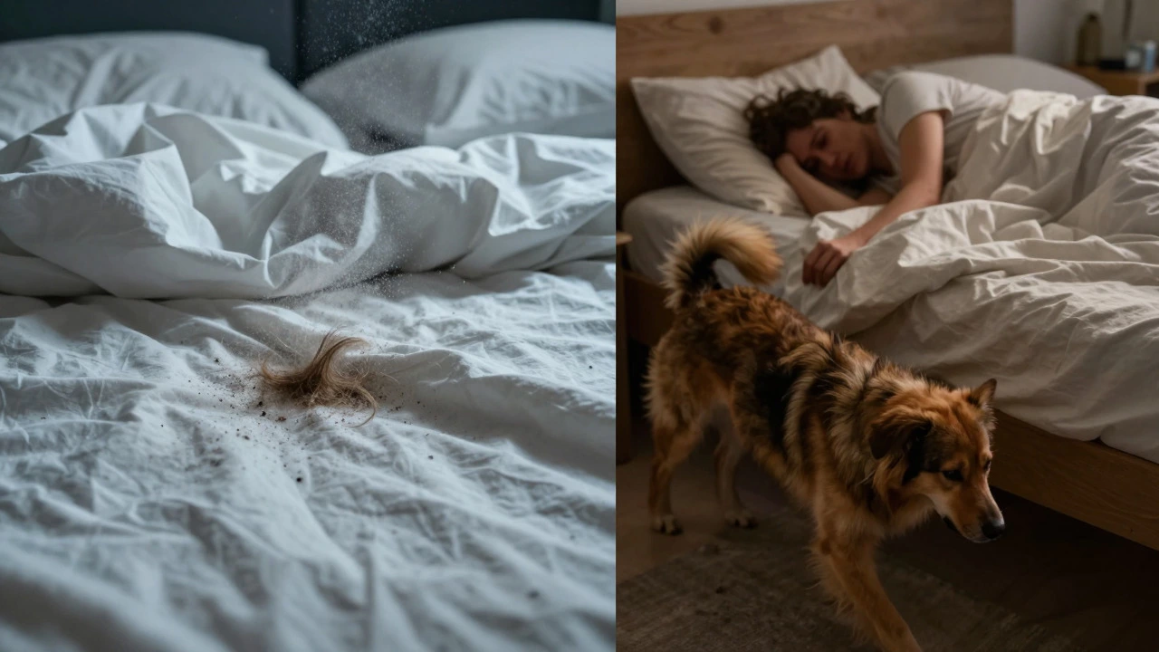 Rumpled sheets with dog hair and a restless sleeper showing co-sleeping issues