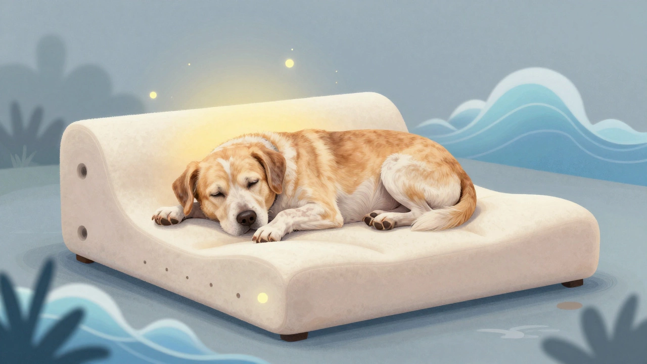 Senior dog on an orthopedic bed with visual cues of warmth and support