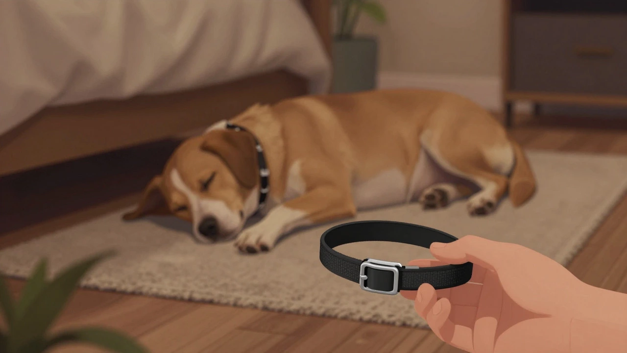Sleeping dog wearing a breakaway collar in a cozy home