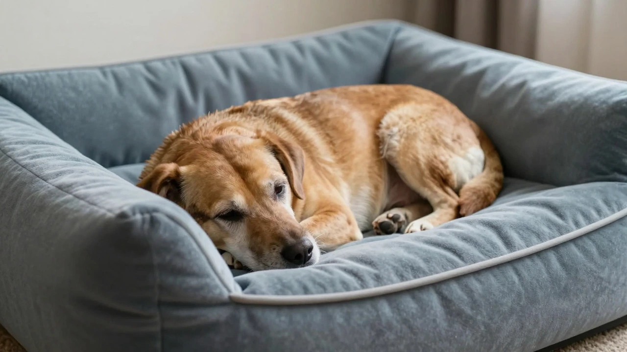 An older dog resting comfortably in a supportive orthopedic memory foam bed