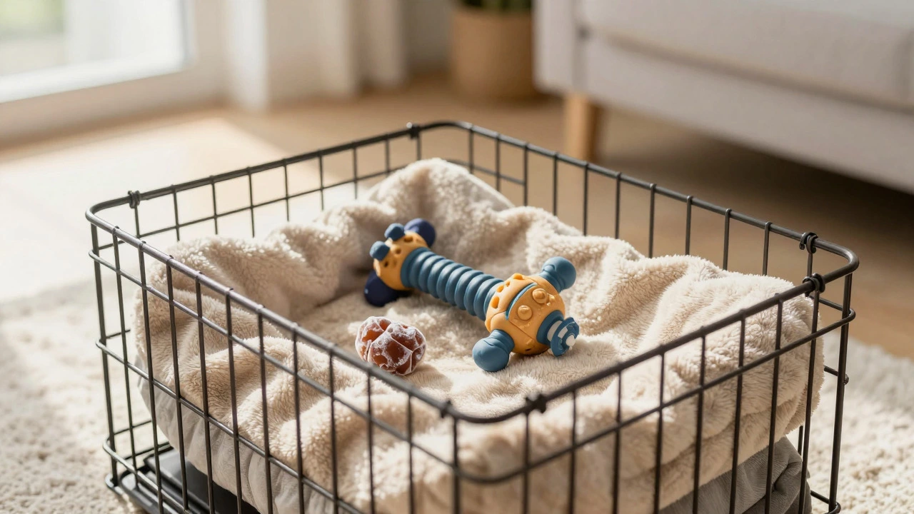 Close-up of a prepared puppy crate with a fleece mat and a stuffed chew toy