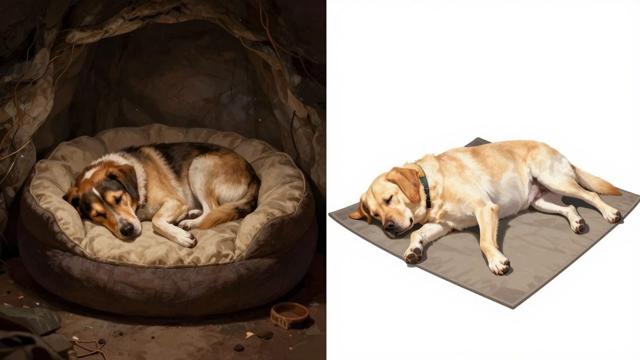 Comparison of anxious dog in round bed vs relaxed dog on square mat
