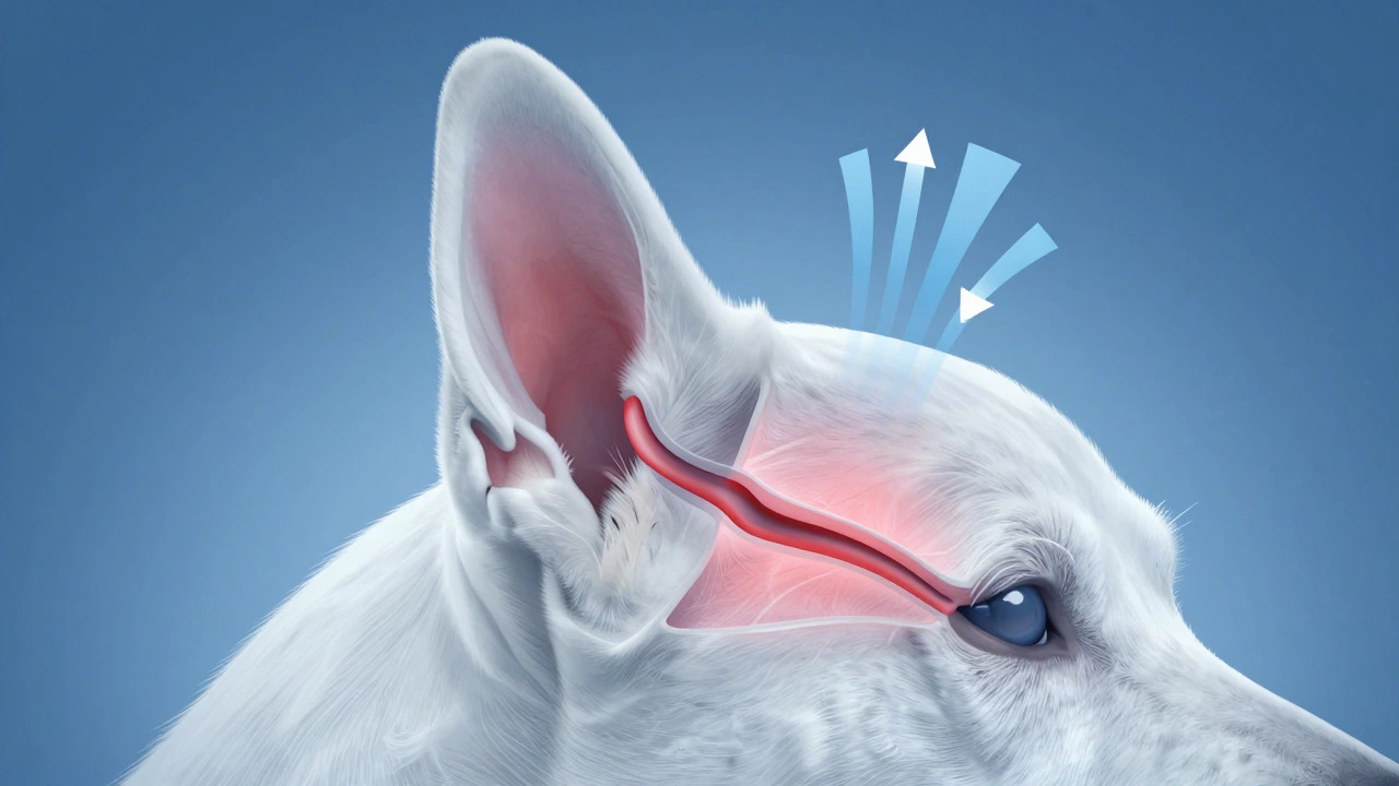 Diagram showing dog ear anatomy and pressure buildup during flight