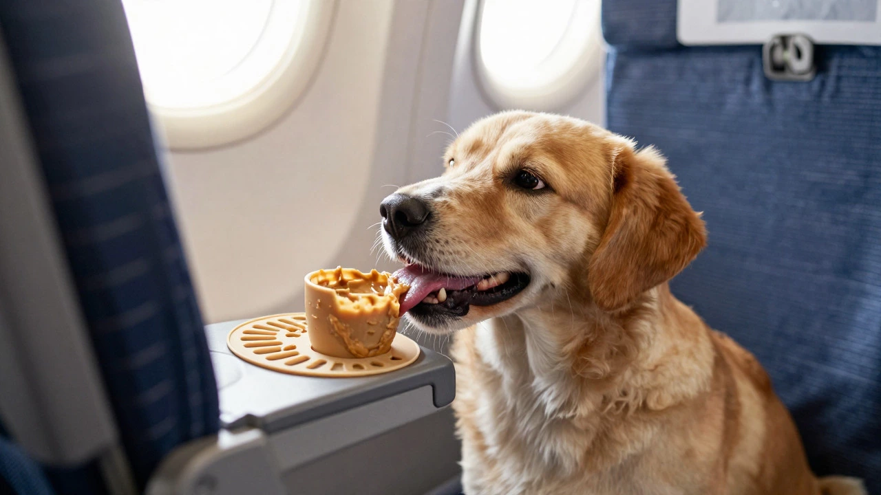 Dog calmly licking treat mat in airplane carrier to relieve ear pressure