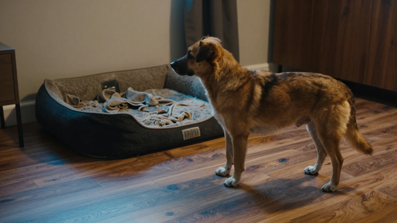 Dog looking away from an old bed toward a hard floor in search of comfort