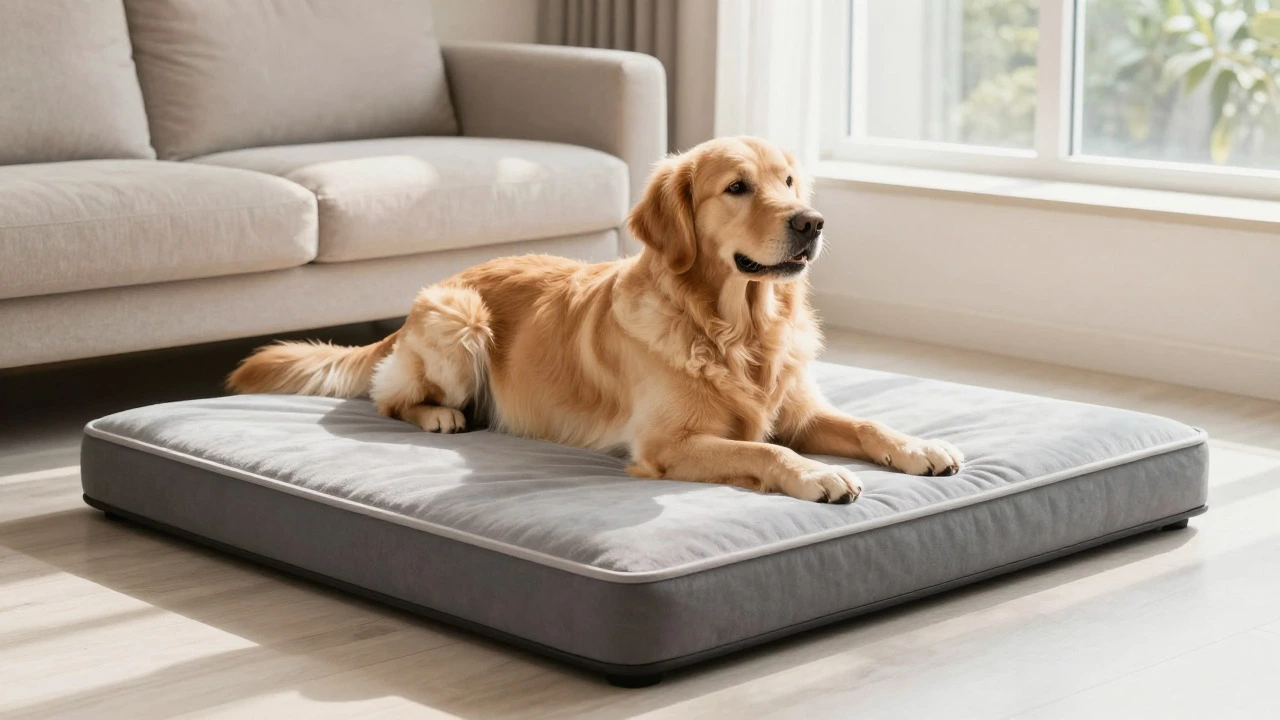 Golden Retriever stretching out on a rectangular orthopedic bed