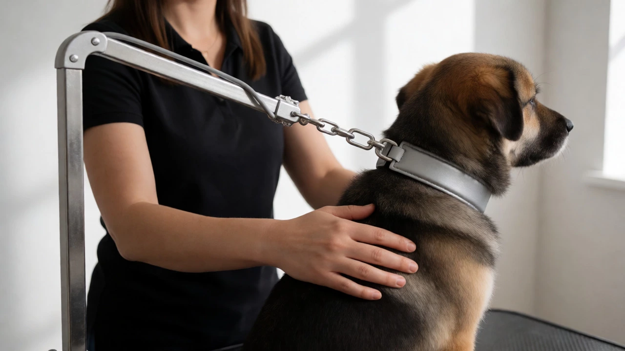Groomer securing a safety loop on a dog at a salon