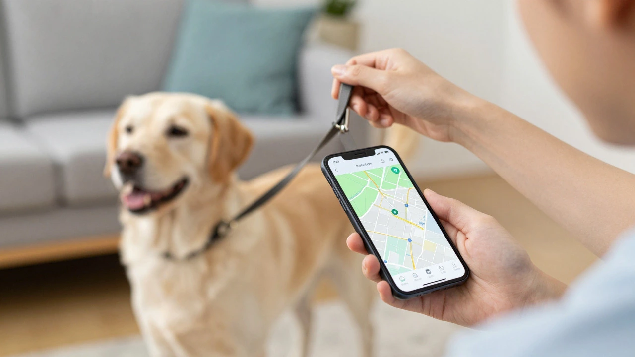 Hand holding dog leash and phone with GPS map showing safe tracking
