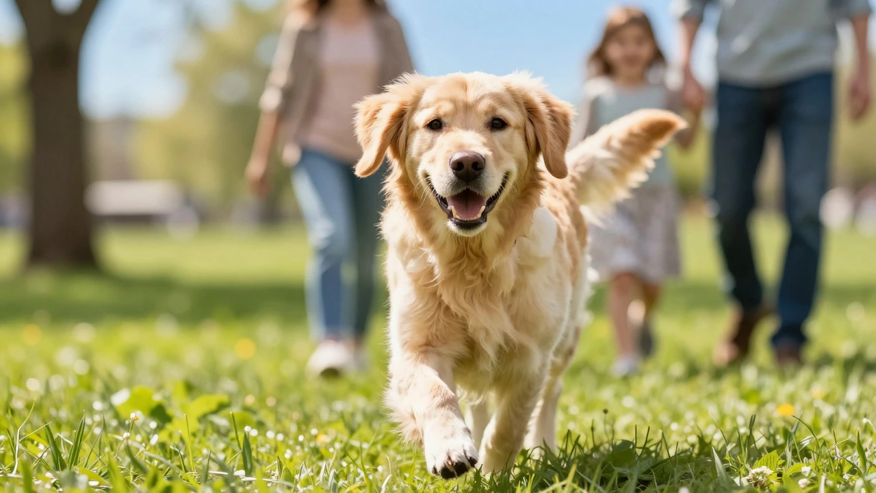 Happy golden retriever running in a sunny park with a family in the background