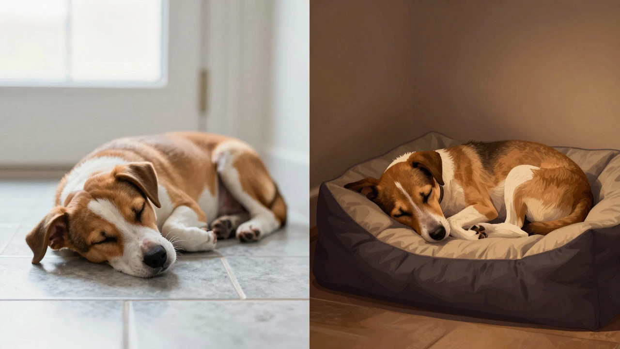Illustration comparing a dog on a cool floor versus one in a warm insulated bed