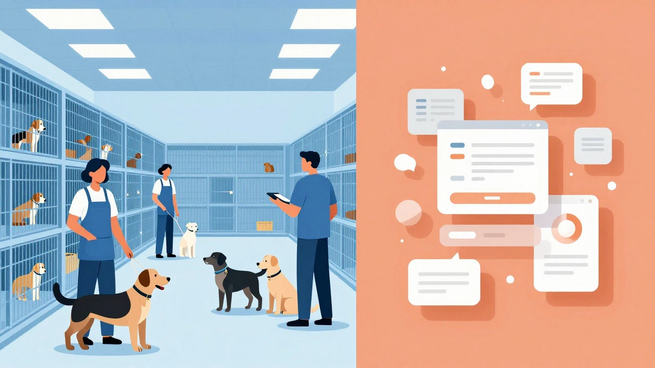Illustration contrasting a structured animal shelter with abstract online sales