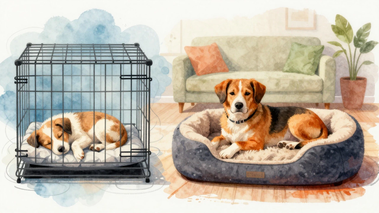 Illustration showing a puppy in a crate transitioning to an adult dog on an open bed