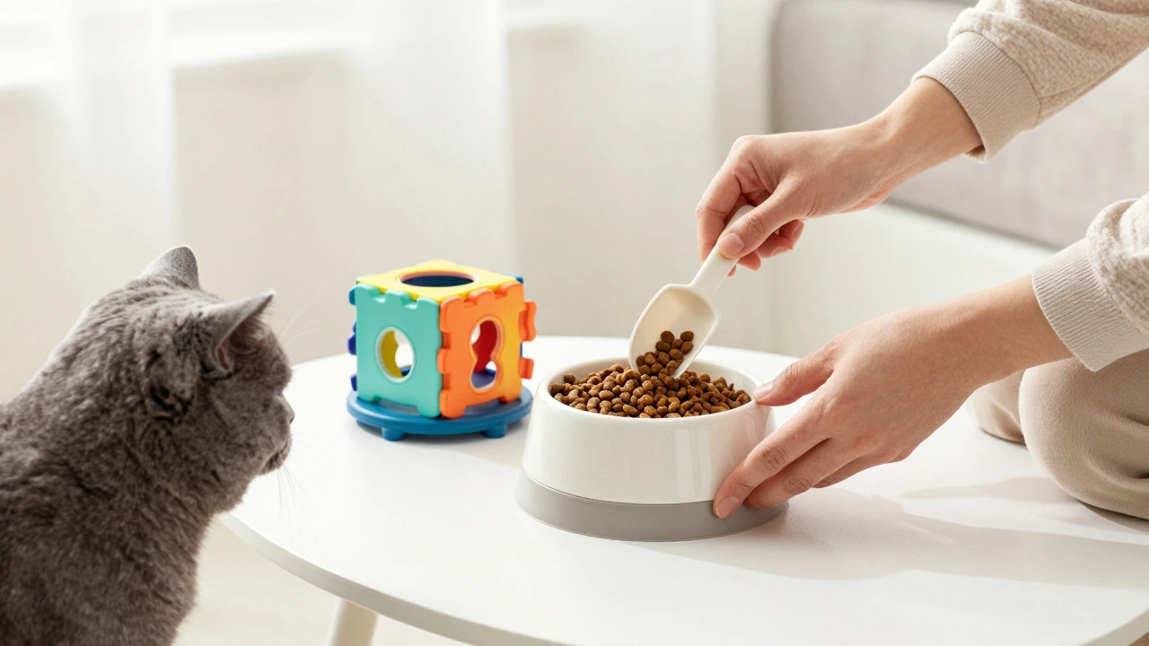 Owner measuring cat food into a bowl with a puzzle feeder nearby