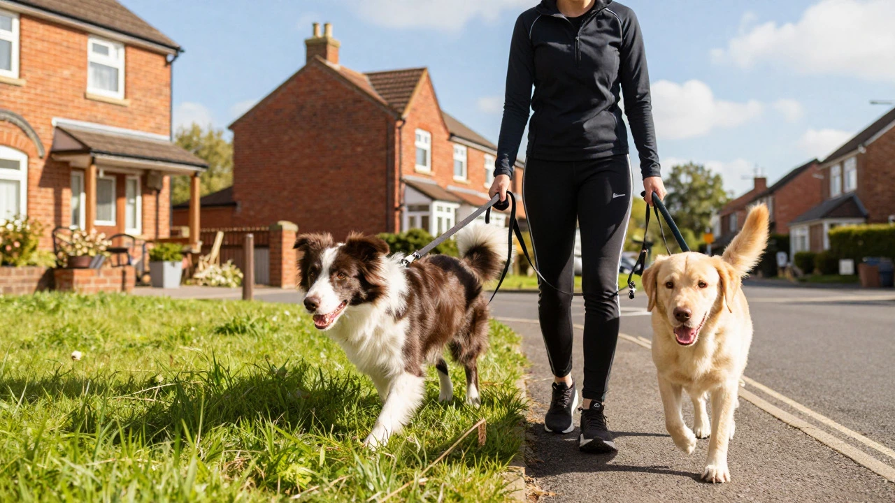 Professional dog walker exercising two energetic dogs on a sunny street