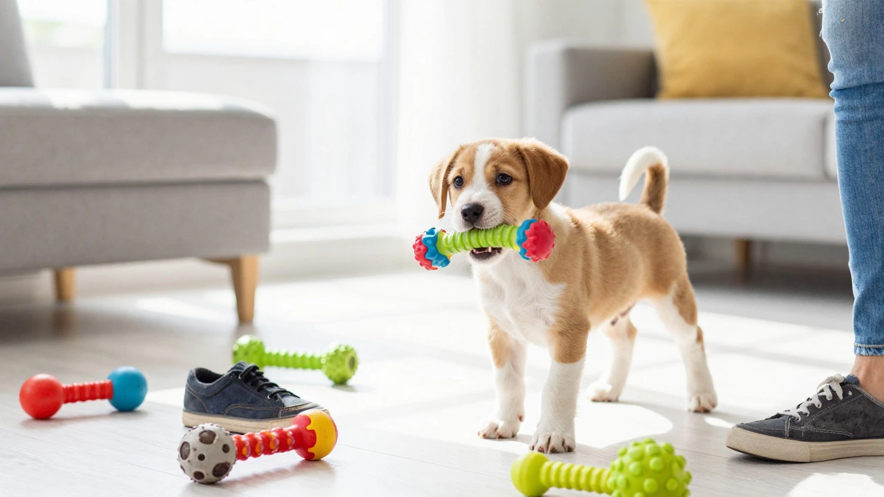Puppy chewing toy and testing boundaries in bright living room