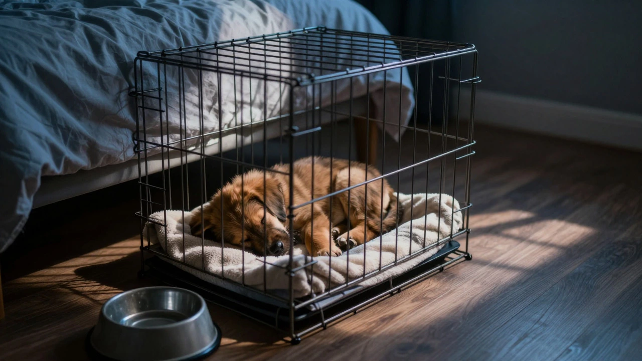 Sleeping puppy inside a crate next to a bed, illuminated by moonlight during the night