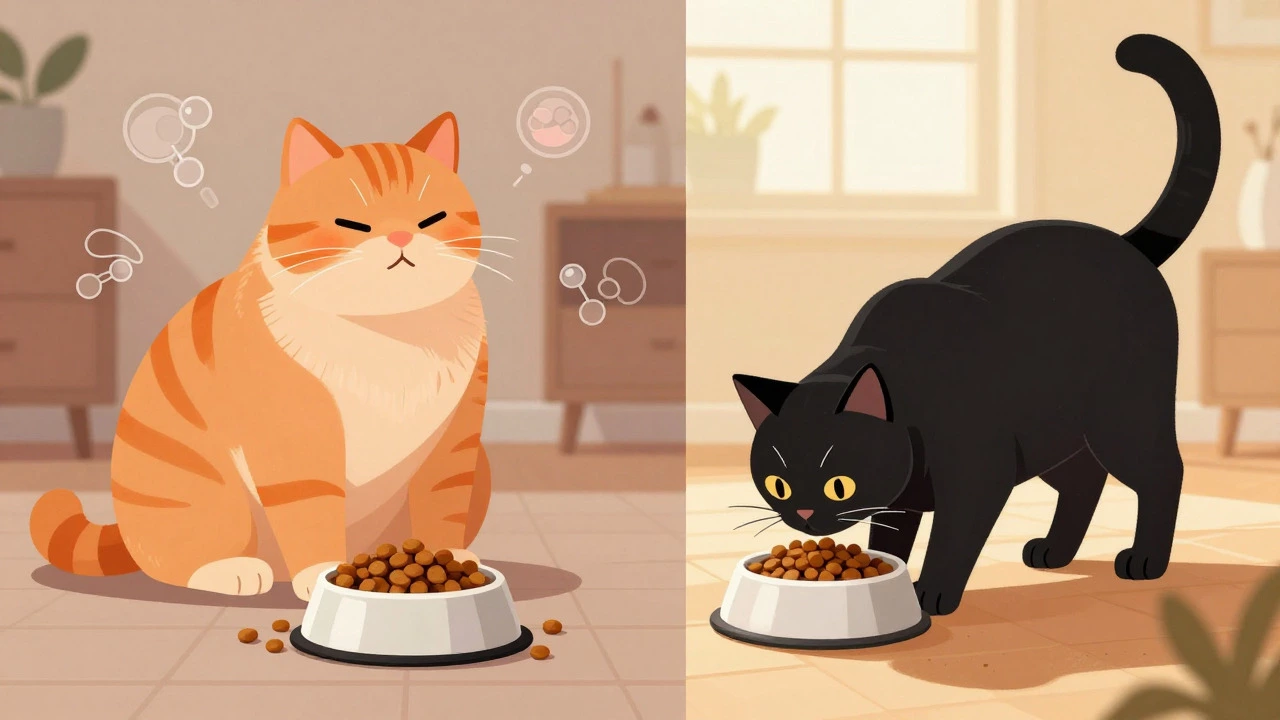 Split image contrasting an obese cat with a healthy cat on scheduled meals