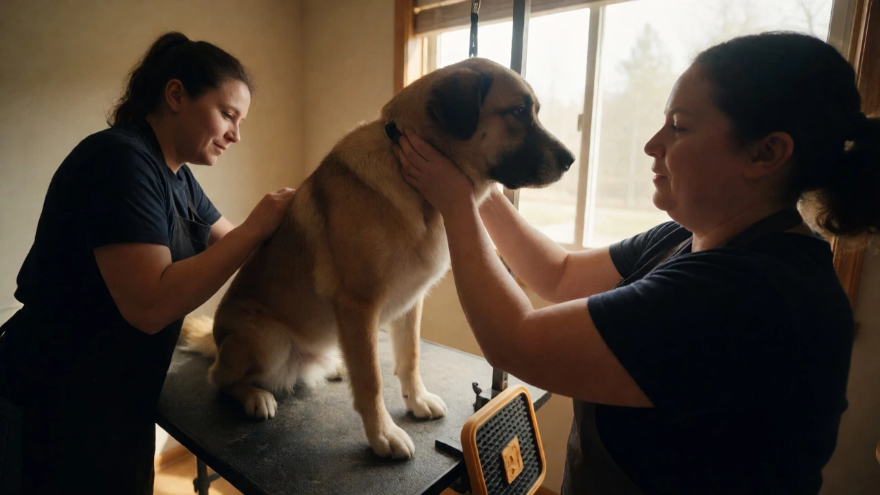 Two groomers holding a large dog steady with treats
