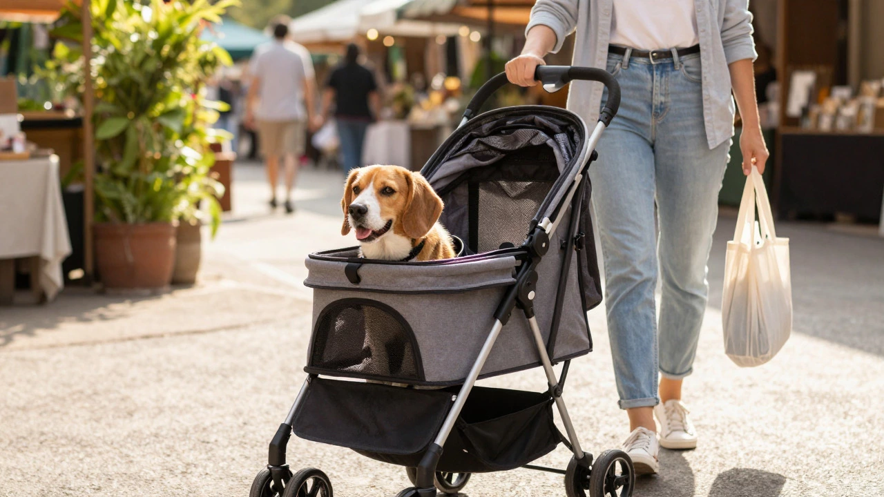 Woman pushing a pet stroller with a happy beagle through a sunny outdoor market