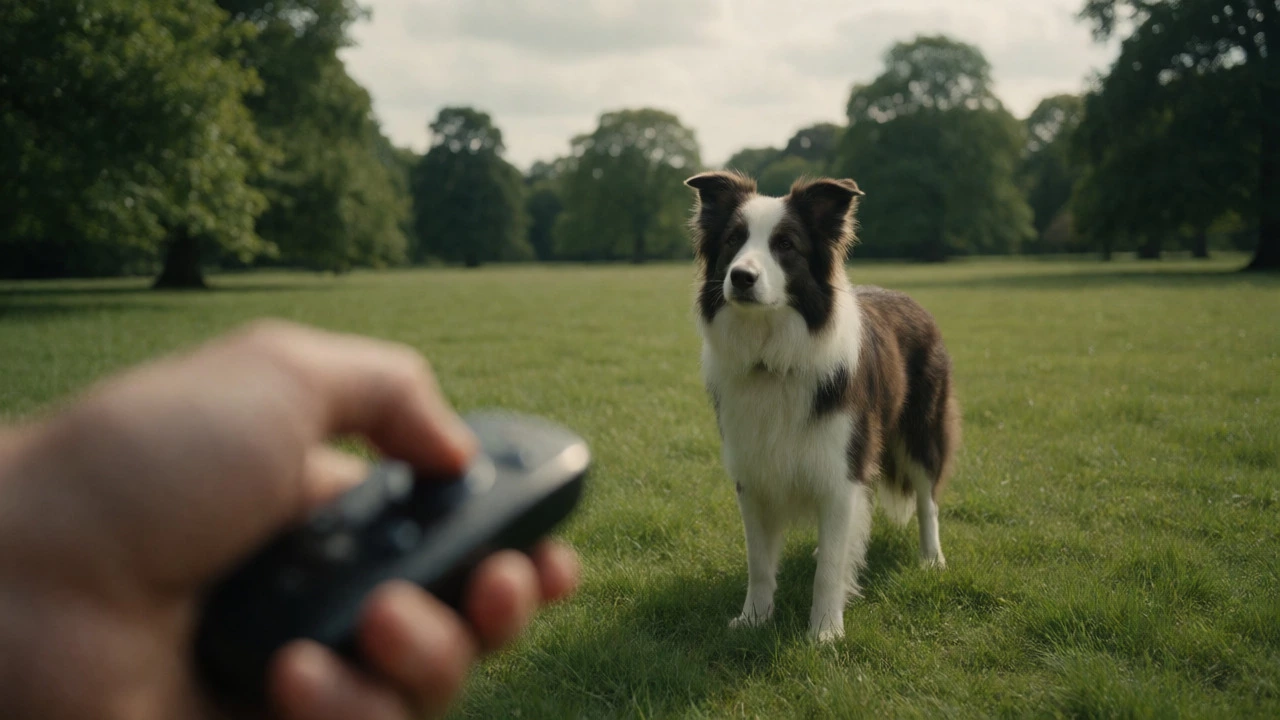 A Border Collie wearing a modern e-collar stands attentively in a park while its owner holds a remote.