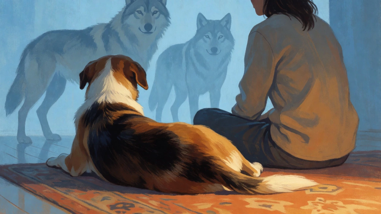 Artistic depiction of a dog trusting its owner, with wolf silhouettes in the background.